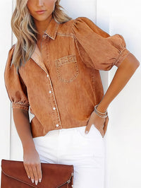 Susanna Casual Denim Blouse with Chest Pocket in Camel