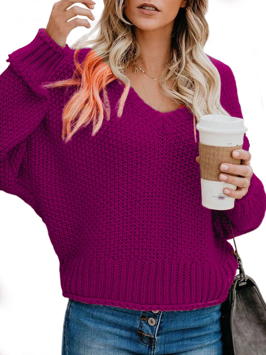 Sybil Casual Knit Sweater with V-Neck in Magenta