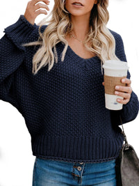 Sybil Casual Knit Sweater with V-Neck in Navy