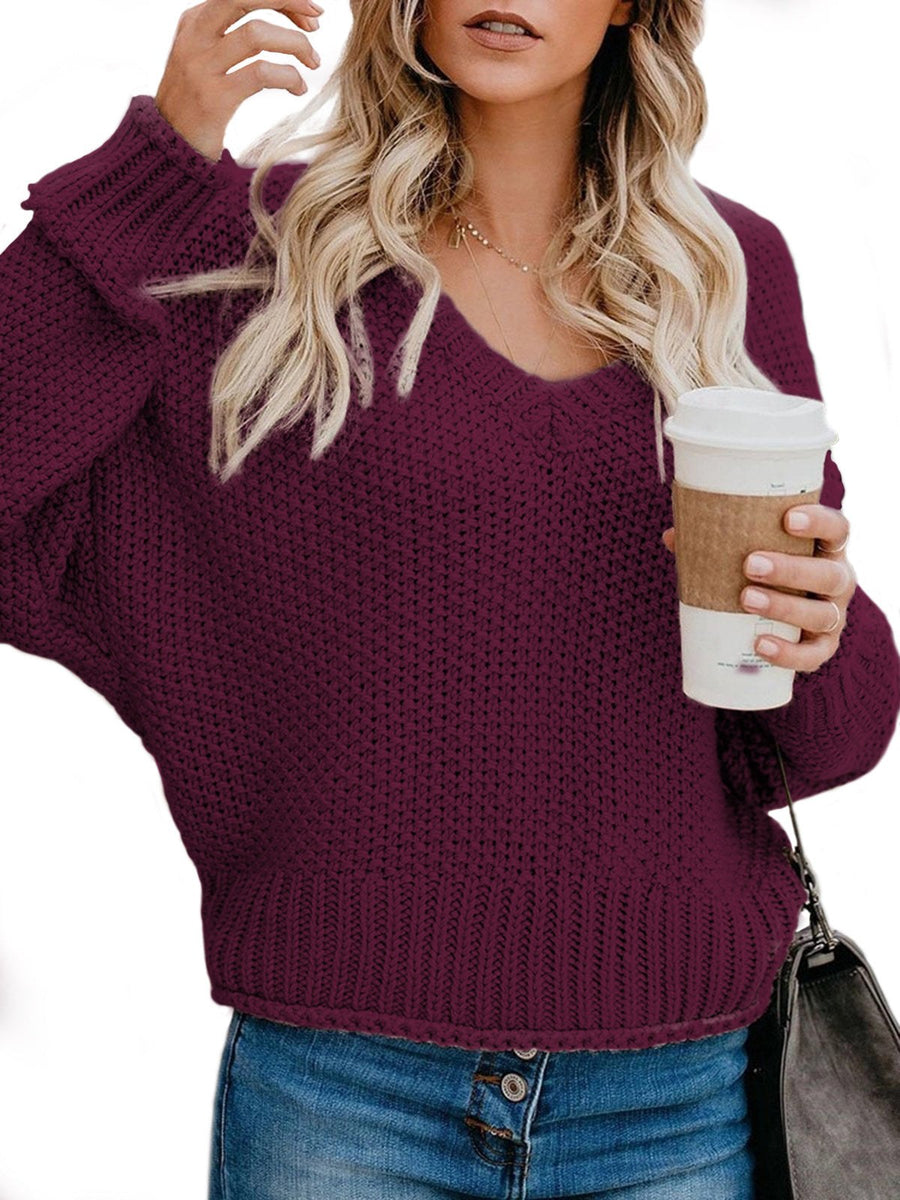 Sybil Casual Knit Sweater with V-Neck in Purple