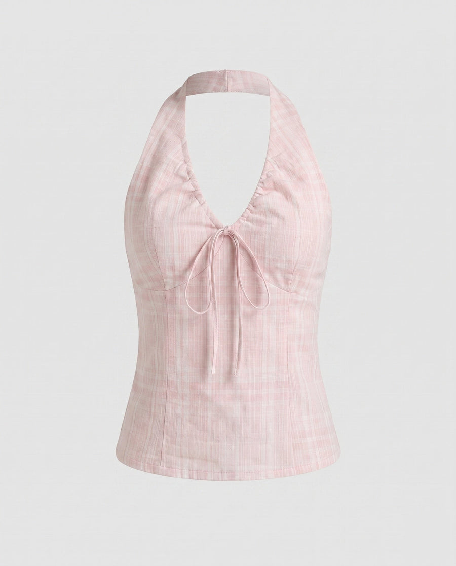 Sybil Casual Linen Blend Top with V-Neck in Light Pink