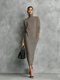Sylvorne Women's Knit Midi Dress Turtleneck in Khaki