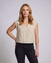 Talia Casual Linen Top with V-Neck and Chest Pocket