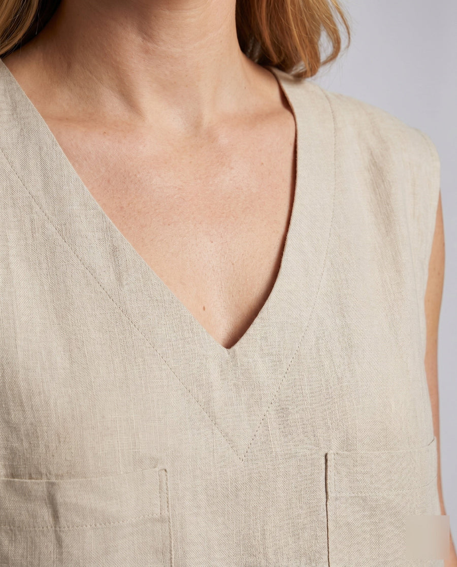Talia Casual Linen Top with V-Neck and Chest Pocket