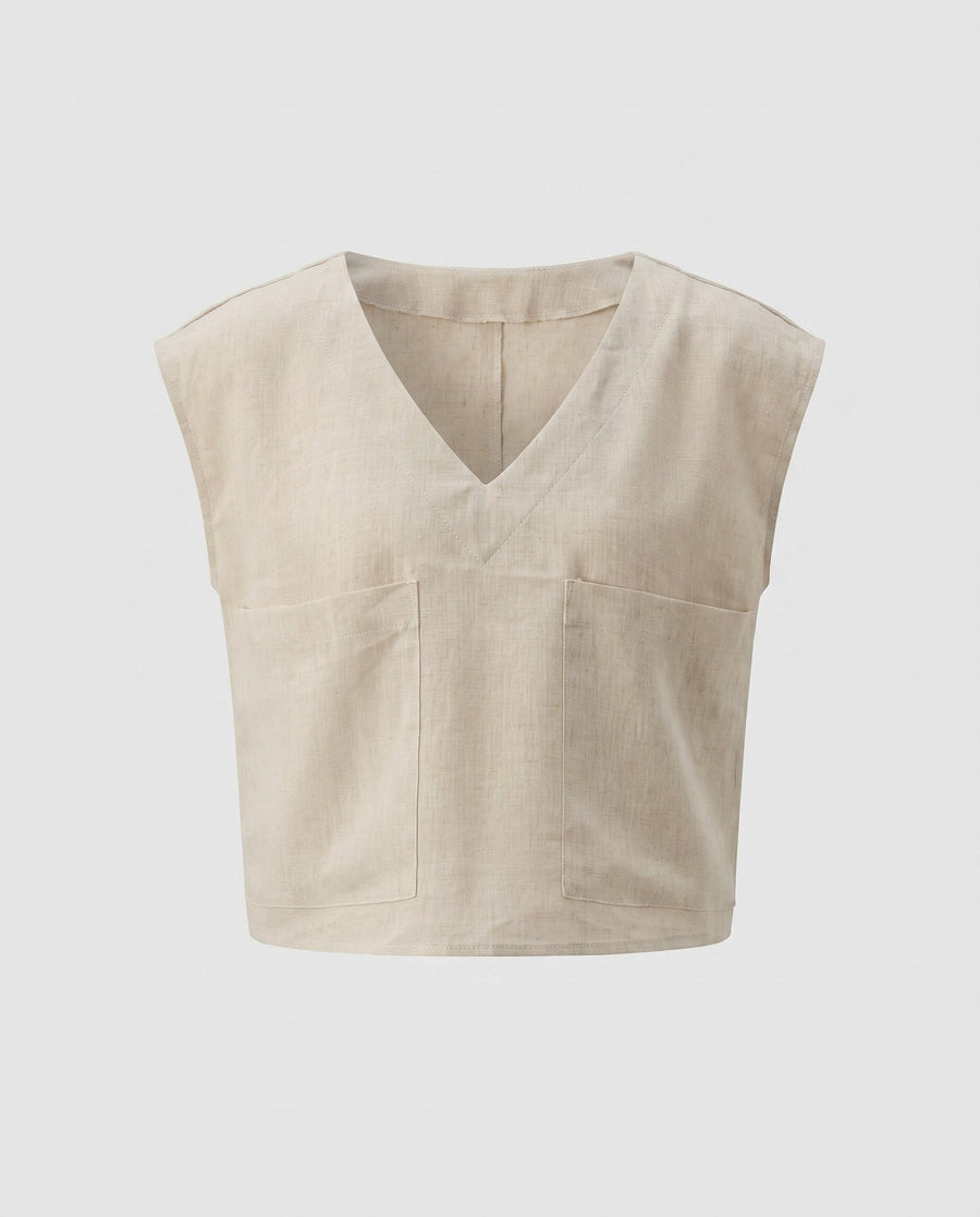 Talia Casual Linen Top with V-Neck and Chest Pocket in Linen