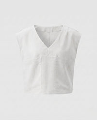 Talia Casual Linen Top with V-Neck and Chest Pocket in White