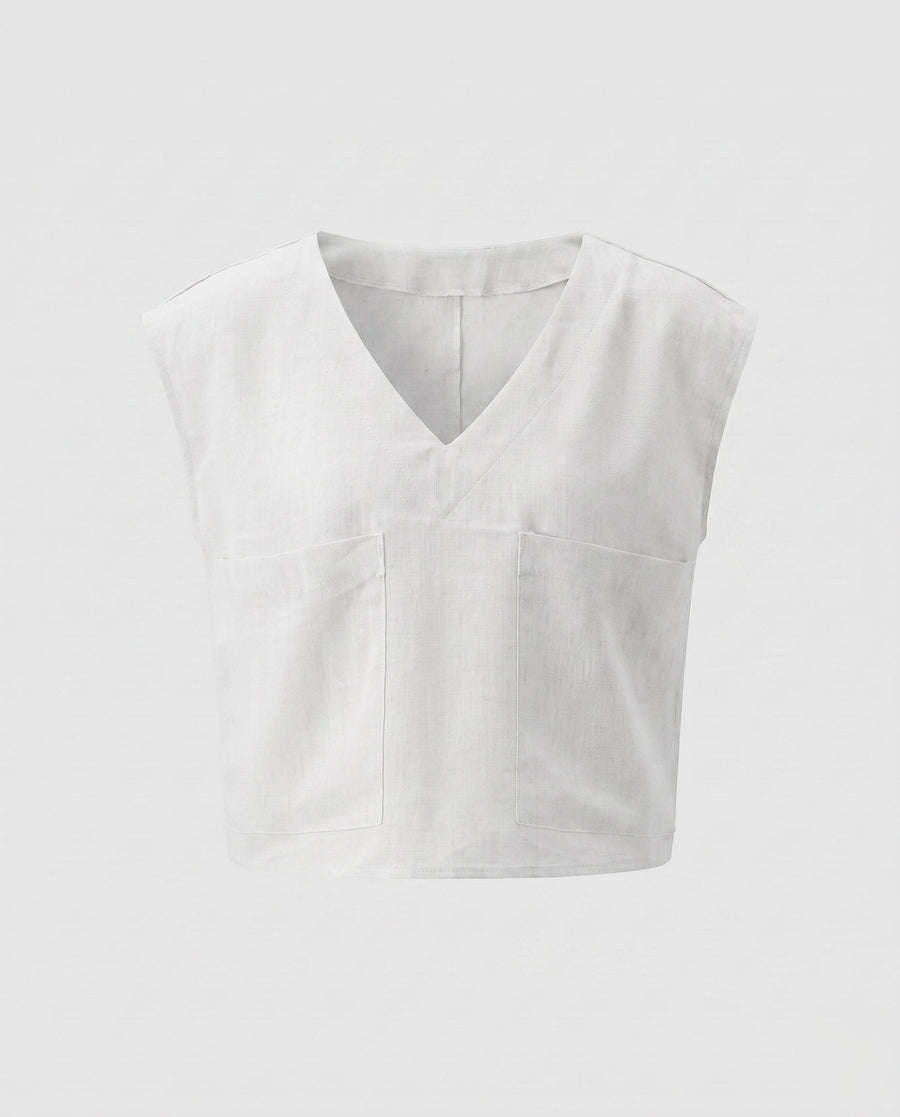 Talia Casual Linen Top with V-Neck and Chest Pocket in White