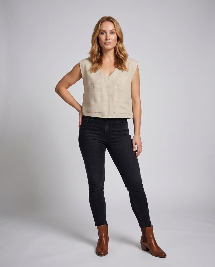 Talia Casual Linen Top with V-Neck and Chest Pocket