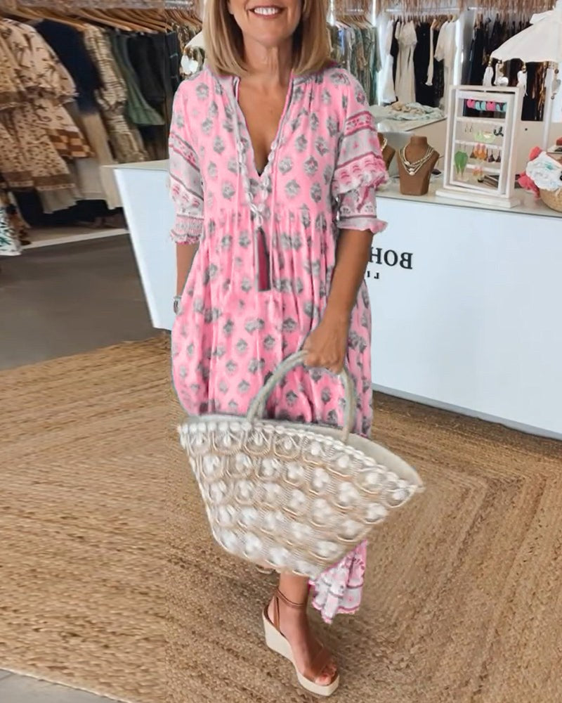 Tallulah Women's Boho Print Relaxed Maxi Dress in Pink