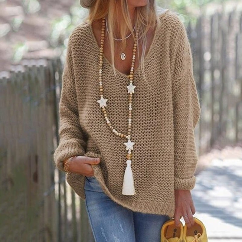 Tamara Casual Knit Sweater with V-Neck in Brown