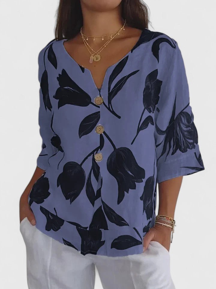 Tamsin Women's Floral V-Neck 3/4 Sleeve Blouse in Blue