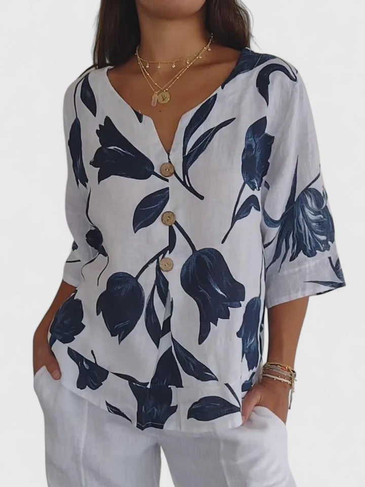 Tamsin Women's Floral V-Neck 3/4 Sleeve Blouse in White