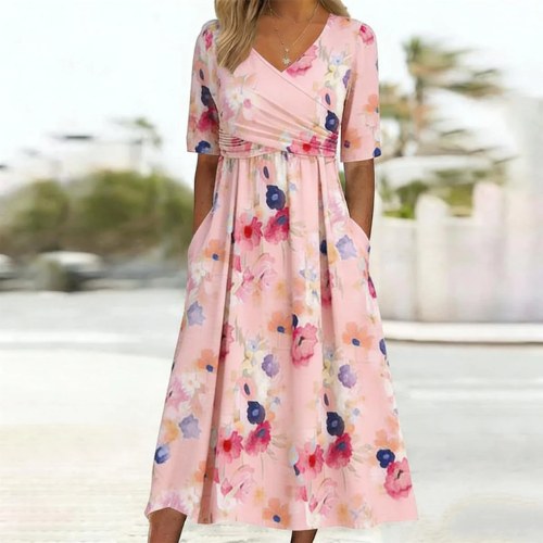 Telvenna Women's Floral Midi Dress Wrap Front