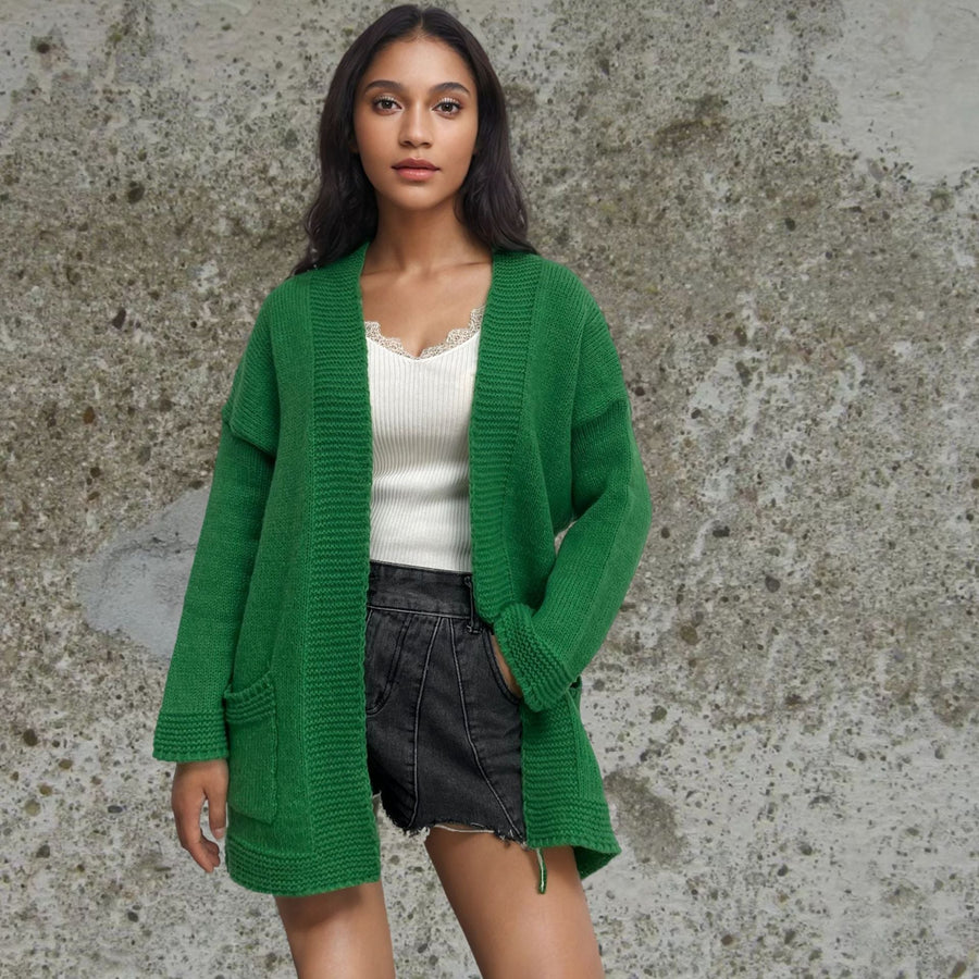 Teodora Casual Knit Cardigan with Pockets in Green