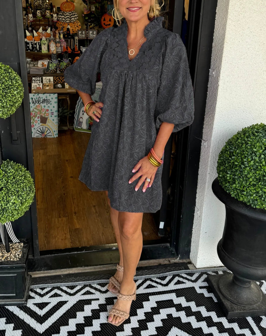 Tesia Women's Jacquard Mini Dress V-Neck Puff Sleeve Occasion Dress in Black