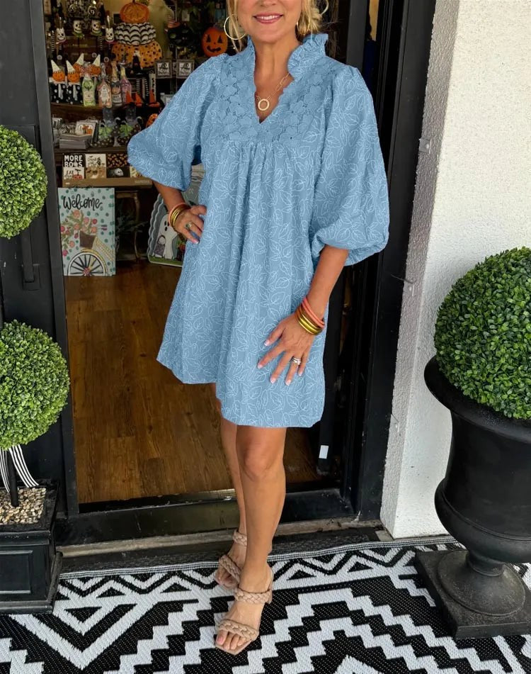 Tesia Women's Jacquard Mini Dress V-Neck Puff Sleeve Occasion Dress in Blue