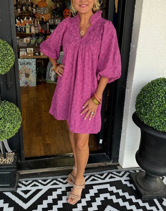 Tesia Women's Jacquard Mini Dress V-Neck Puff Sleeve Occasion Dress in Dark Pink
