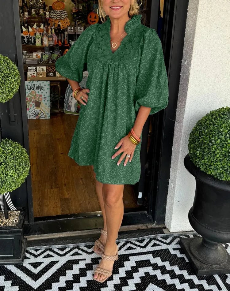 Tesia Women's Jacquard Mini Dress V-Neck Puff Sleeve Occasion Dress in Green