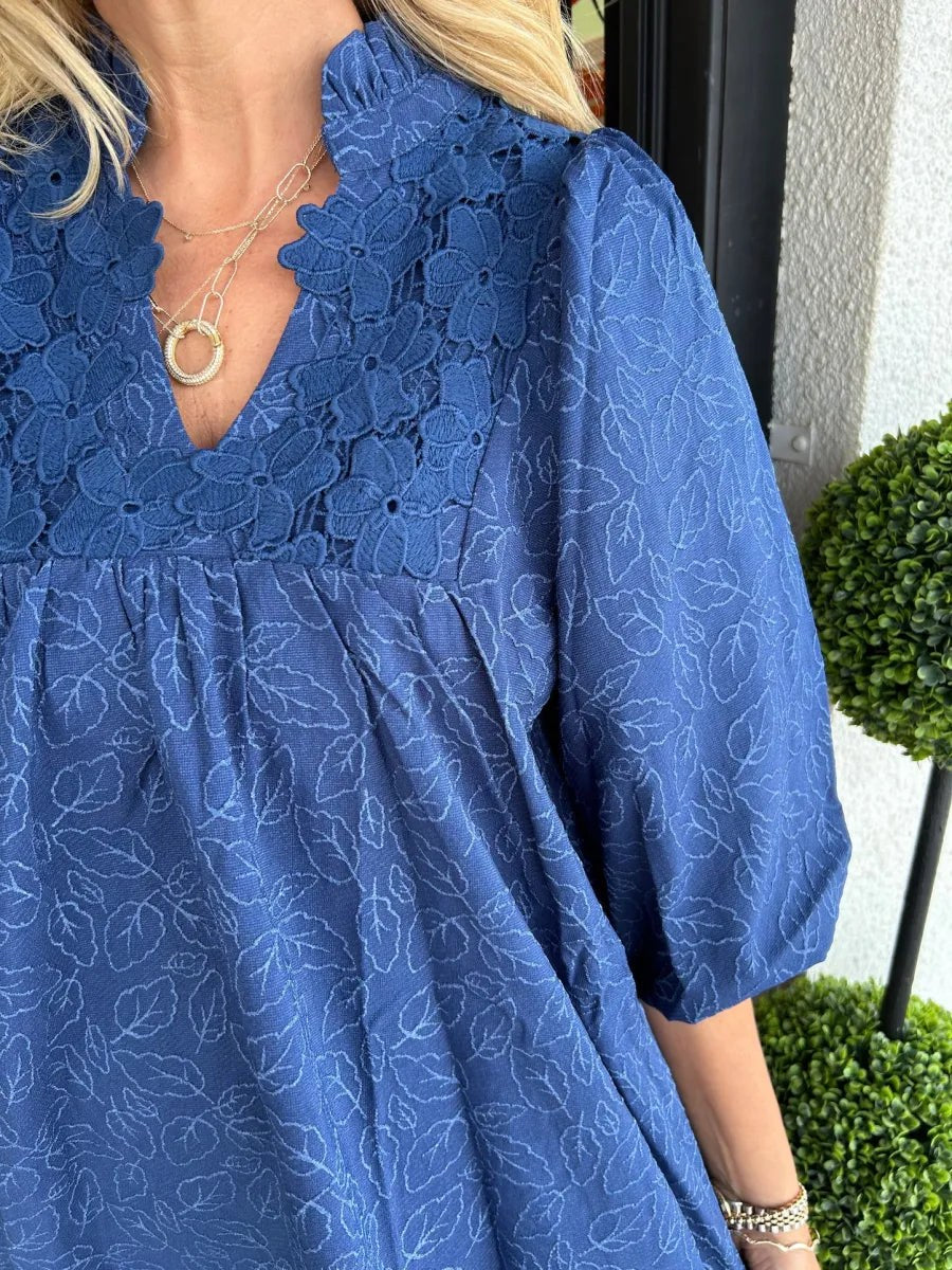 Tesia Women's Jacquard Mini Dress V-Neck Puff Sleeve Occasion Dress in Navy