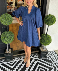 Tesia Women's Jacquard Mini Dress V-Neck Puff Sleeve Occasion Dress in Navy