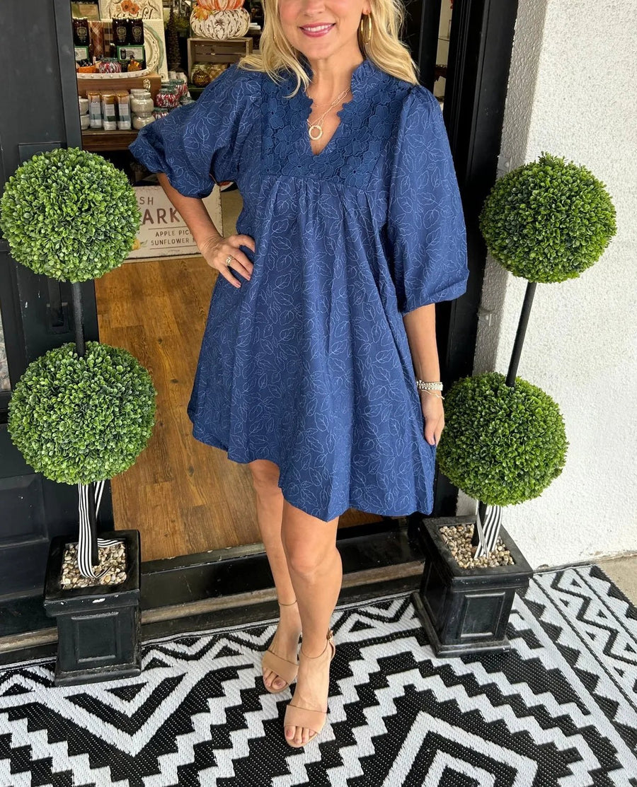 Tesia Women's Jacquard Mini Dress V-Neck Puff Sleeve Occasion Dress in Navy