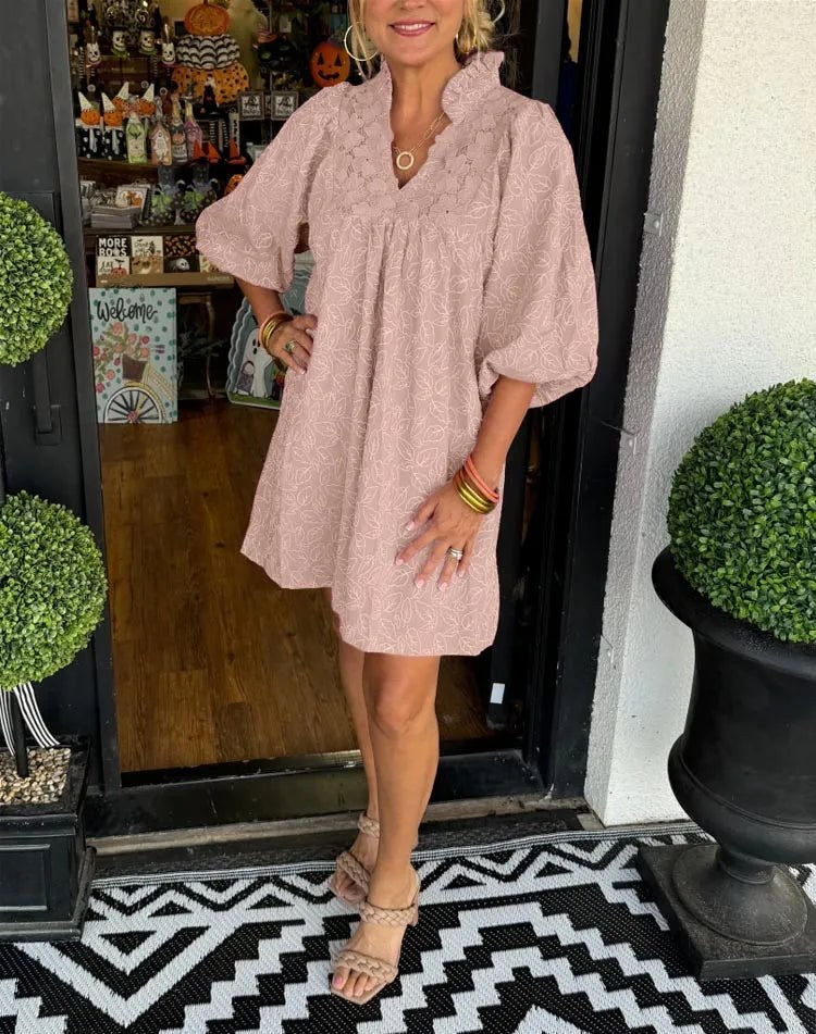 Tesia Women's Jacquard Mini Dress V-Neck Puff Sleeve Occasion Dress in Pink