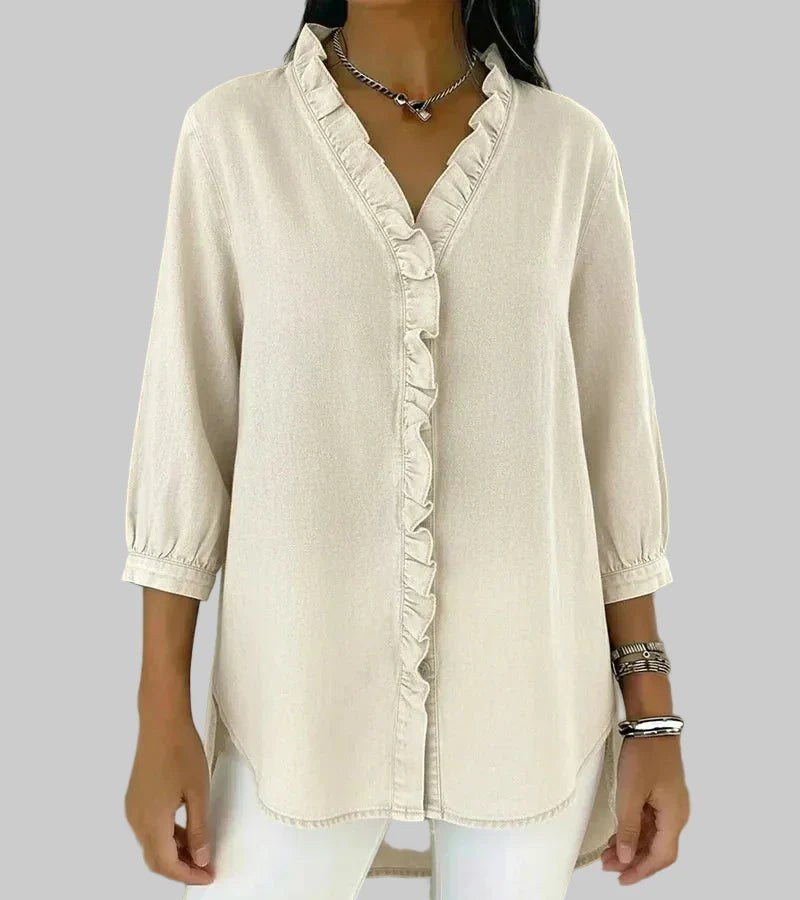Tessa Women's V-Neck Ruffle Blouse in Apricot
