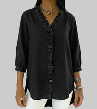 Tessa Women's V-Neck Ruffle Blouse in Black