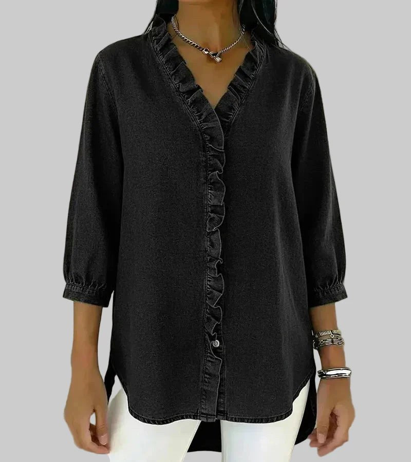 Tessa Women's V-Neck Ruffle Blouse in Black