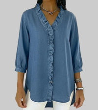 Tessa Women's V-Neck Ruffle Blouse in Blue