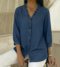 Tessa Women's V-Neck Ruffle Blouse in Dark Blue