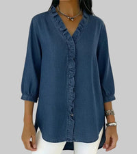 Tessa Women's V-Neck Ruffle Blouse in Dark Blue