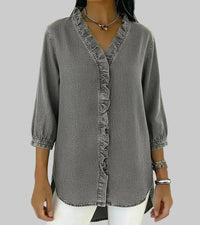 Tessa Women's V-Neck Ruffle Blouse in Grey