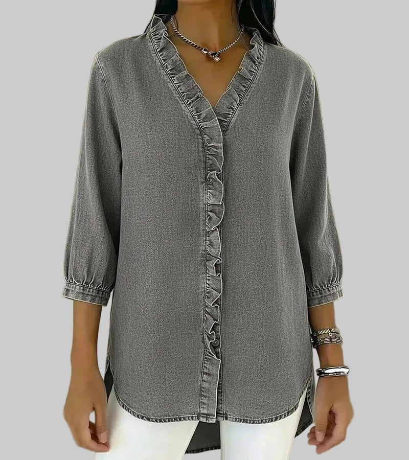 Tessa Women's V-Neck Ruffle Blouse in Grey