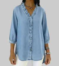 Tessa Women's V-Neck Ruffle Blouse in Light Blue