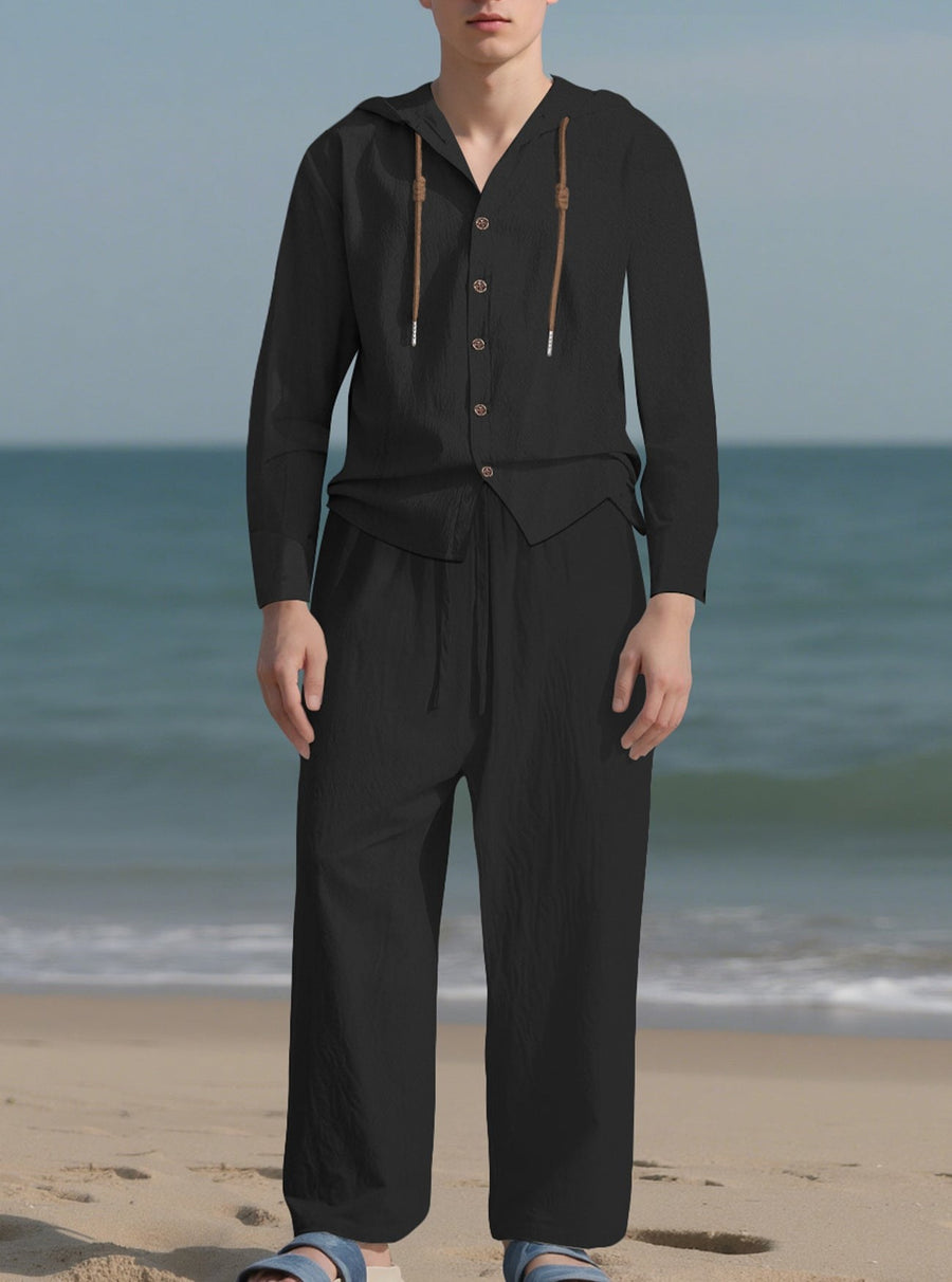 Teun Shirt with Button Front and Hood in Black
