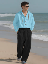 Teun Shirt with Button Front and Hood in Blue