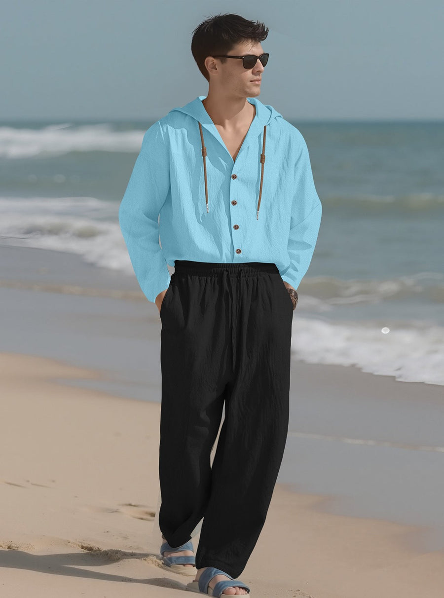 Teun Shirt with Button Front and Hood in Blue
