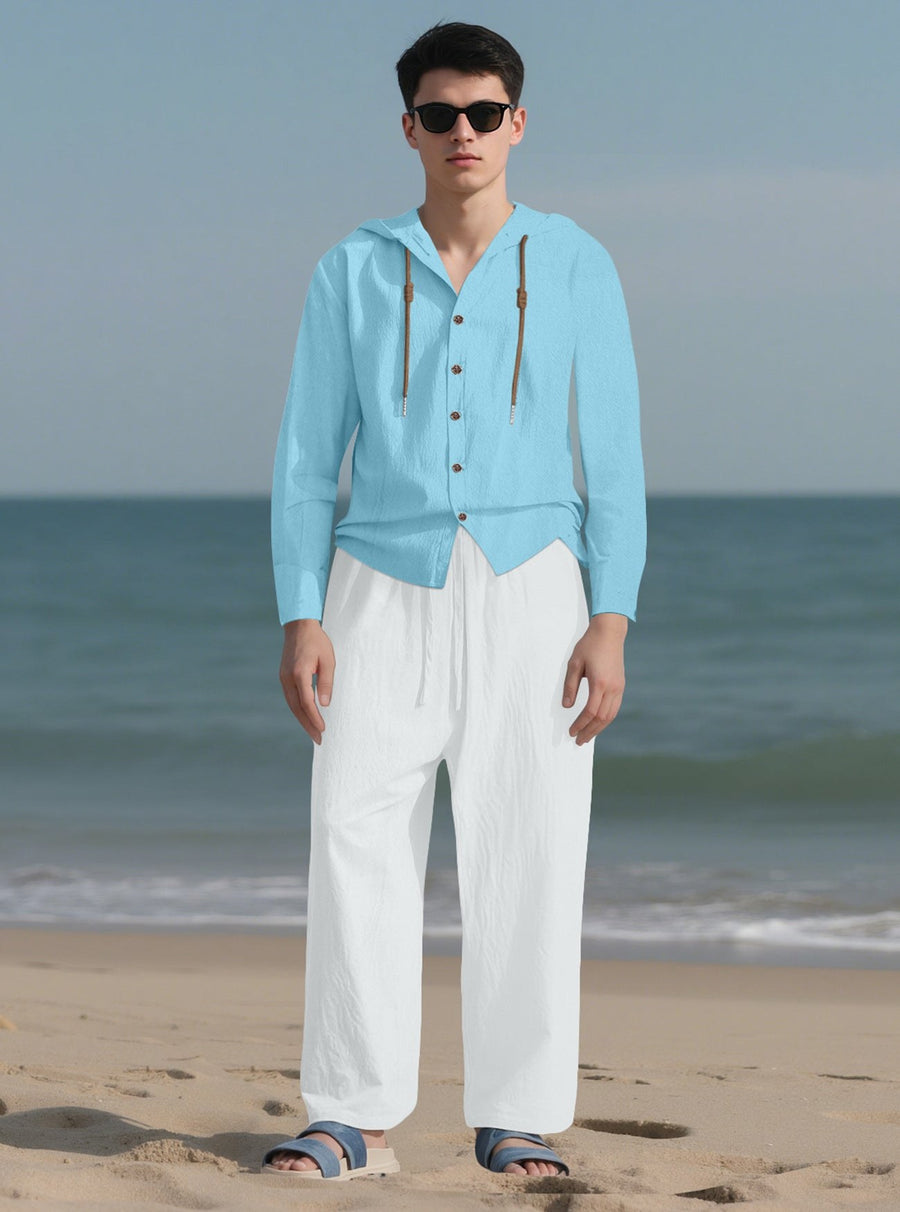 Teun Shirt with Button Front and Hood in Blue