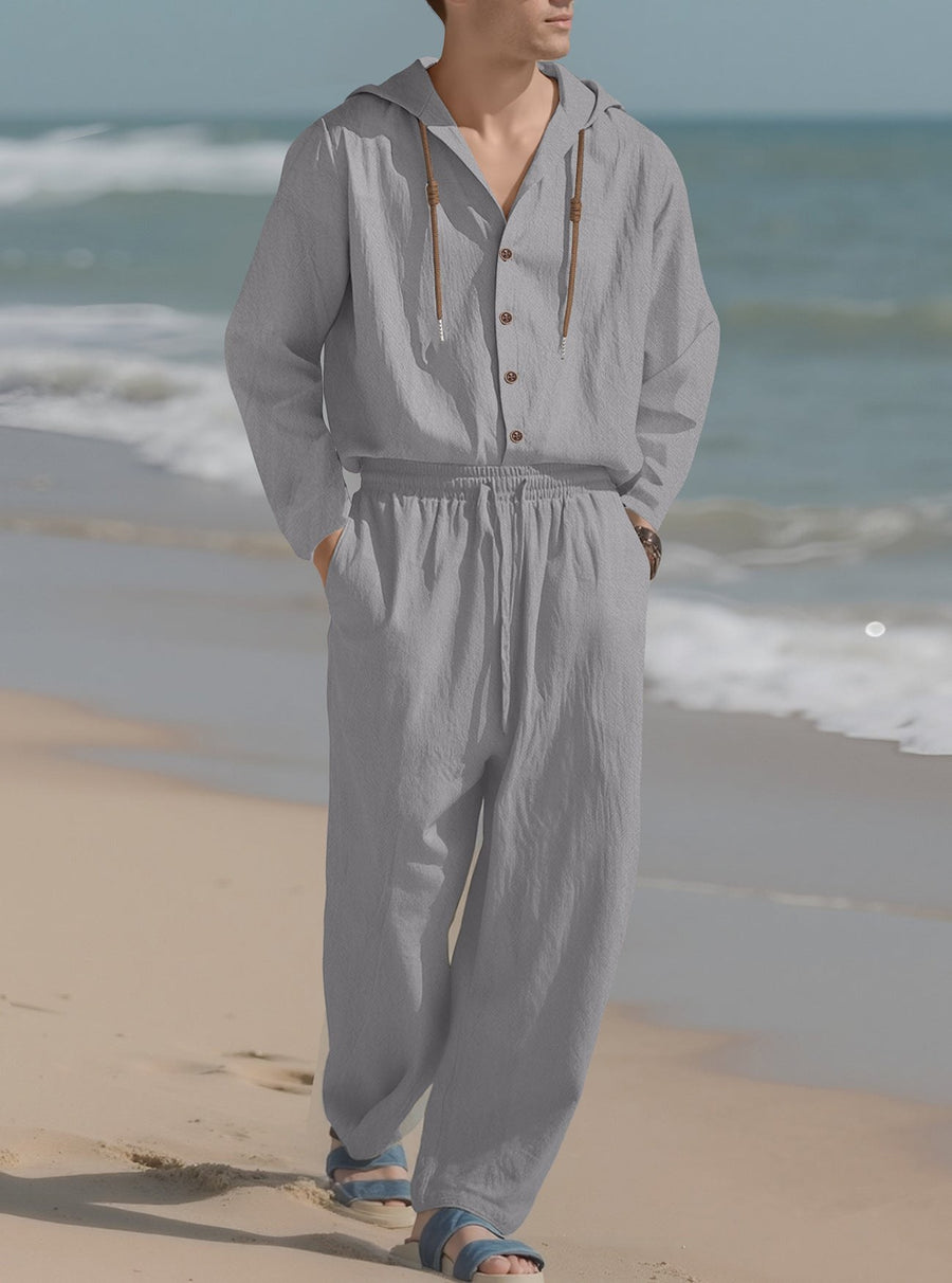 Teun Shirt with Button Front and Hood in Grey