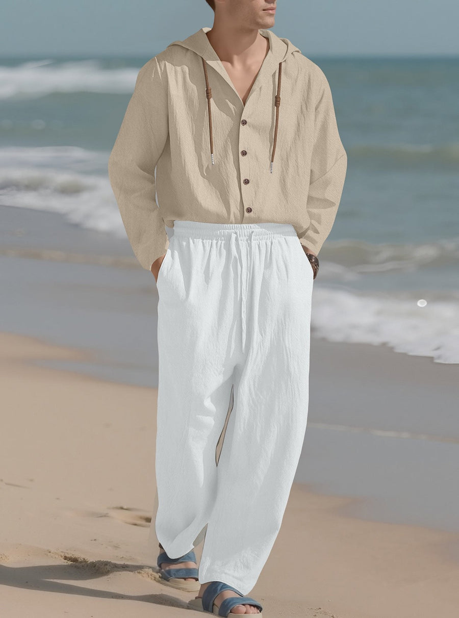 Teun Shirt with Button Front and Hood in Khaki