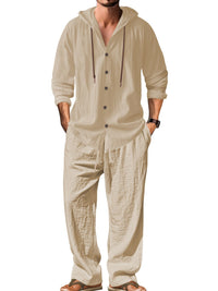 Teun Shirt with Button Front and Hood in Khaki