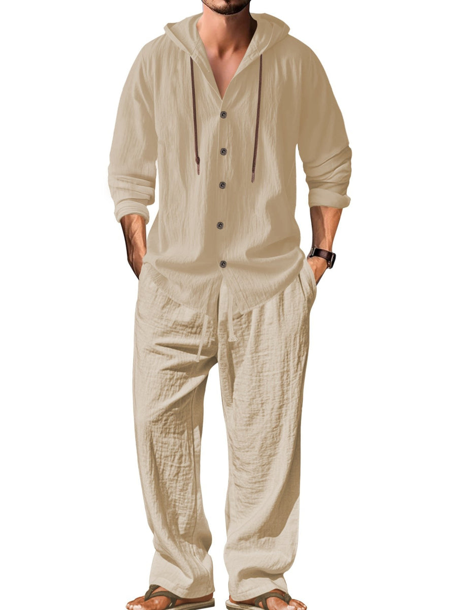Teun Shirt with Button Front and Hood in Khaki
