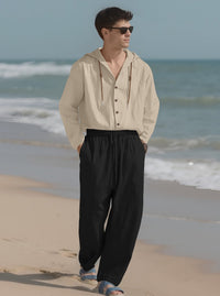 Teun Shirt with Button Front and Hood in Khaki