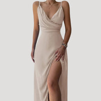 Thalindra Women's Wedding Guest Maxi Dress with Slit in Beige