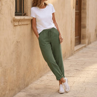 Thalvine Women's Relaxed Drawstring Summer Pants in Dark Green