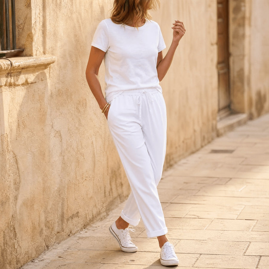Thalvine Women's Relaxed Drawstring Summer Pants in White