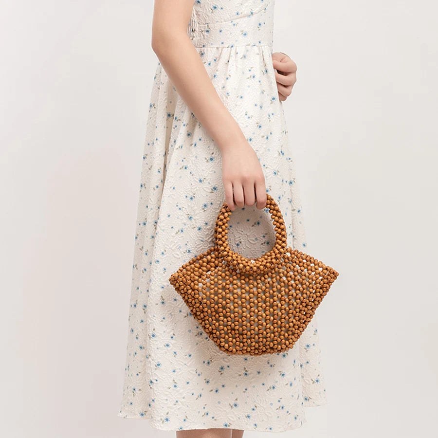 The Antibes Wooden Bead Tote in Sienna Brown