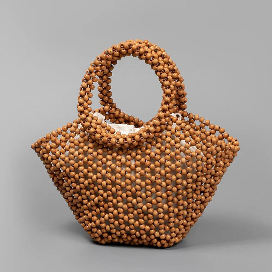The Antibes Wooden Bead Tote in Sienna Brown