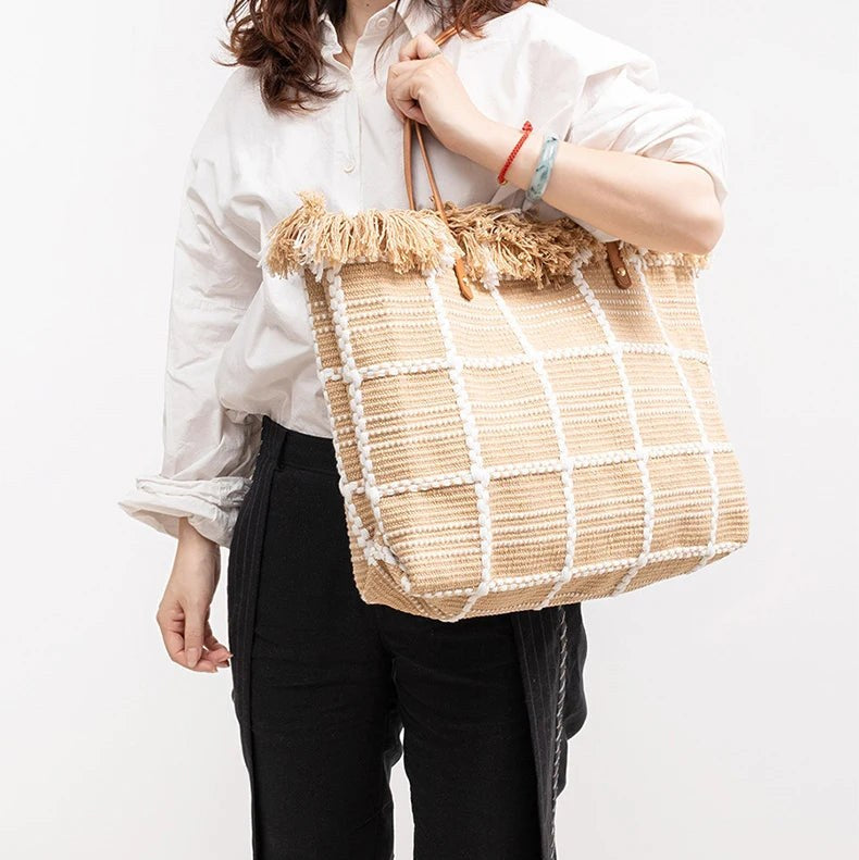 The Catalina Tote in Khaki Lattice